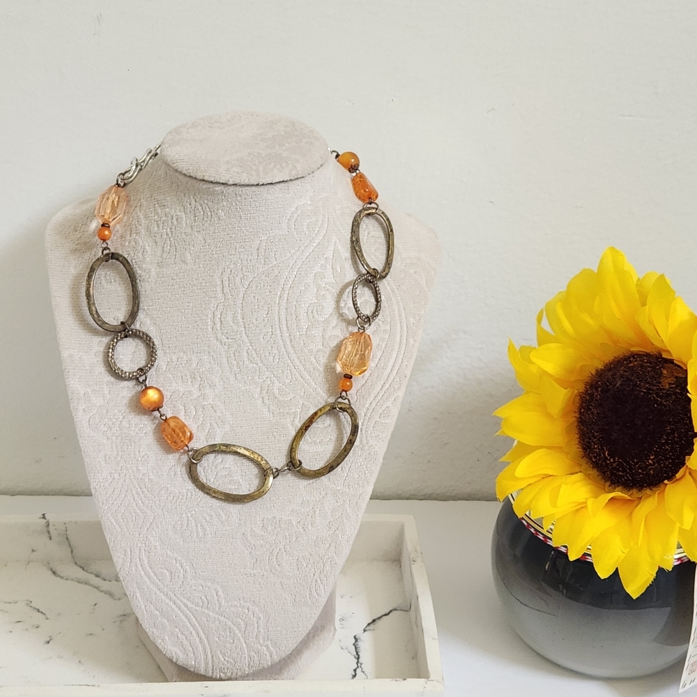 Distressed gold Tone Necklace With Orange Stones